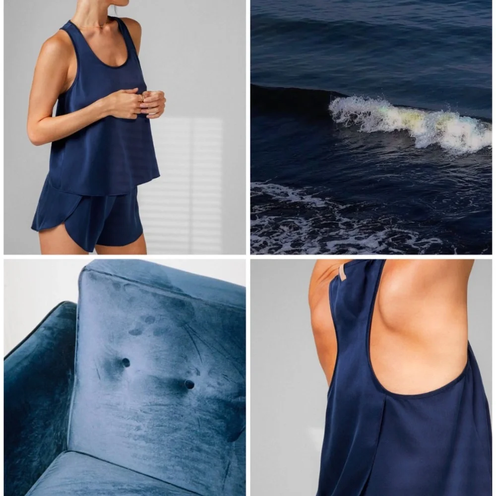 LUNYA BNWT Washable Silk Tulip Back Short Set in Deep Blue Size XS